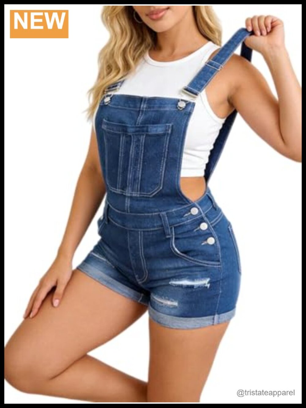 Distressed Denim Overall Shorts High Waisted Adjustable Strap Romper